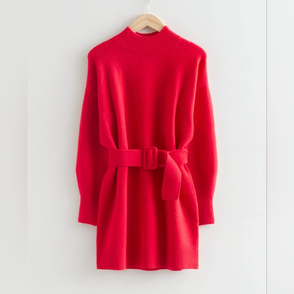 & other stories belted knit wool blend sweater dress in red